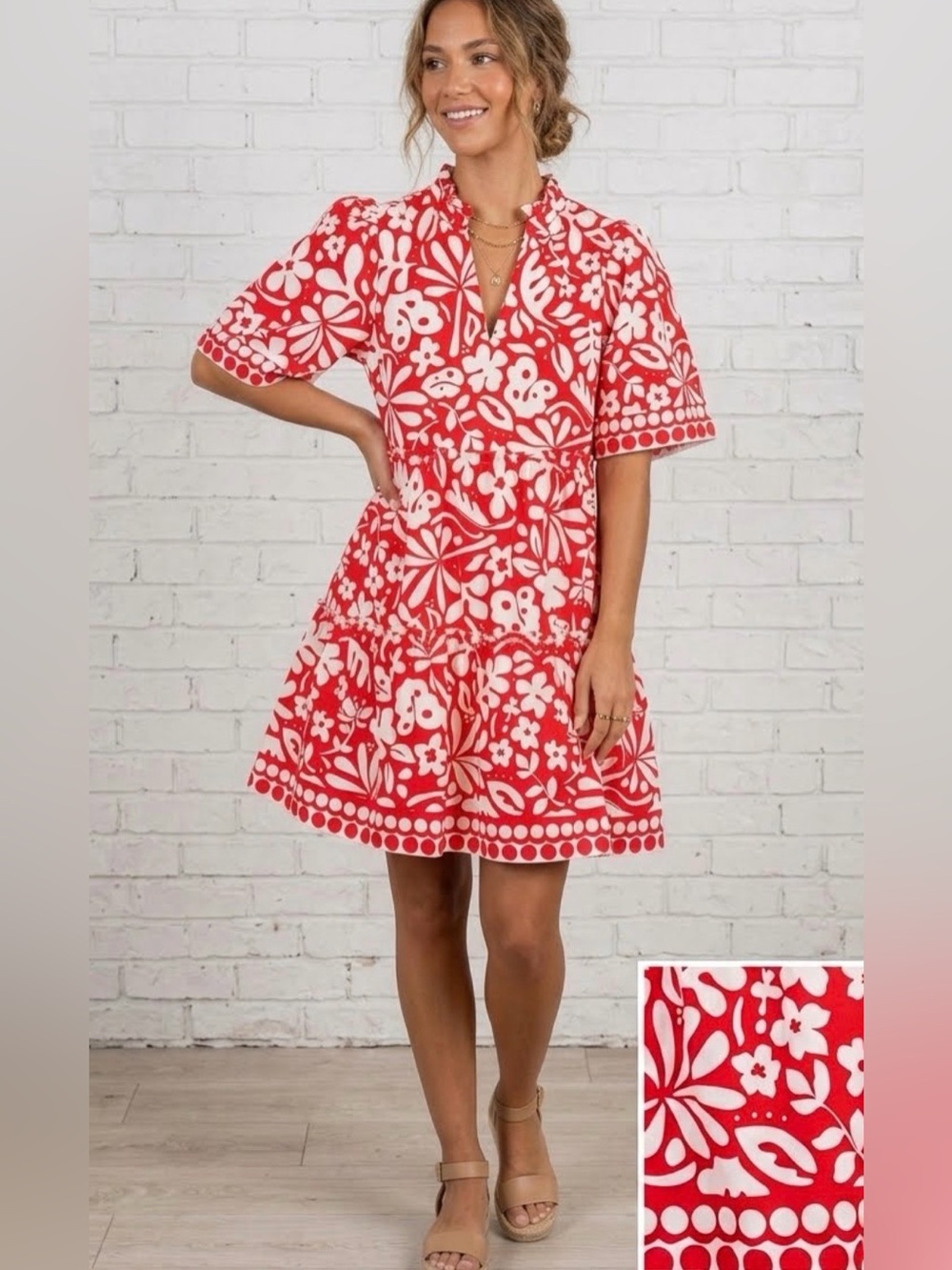 Sugarlips Hazen Floral Palmer Poplin Tiered Mini Dress Red White S